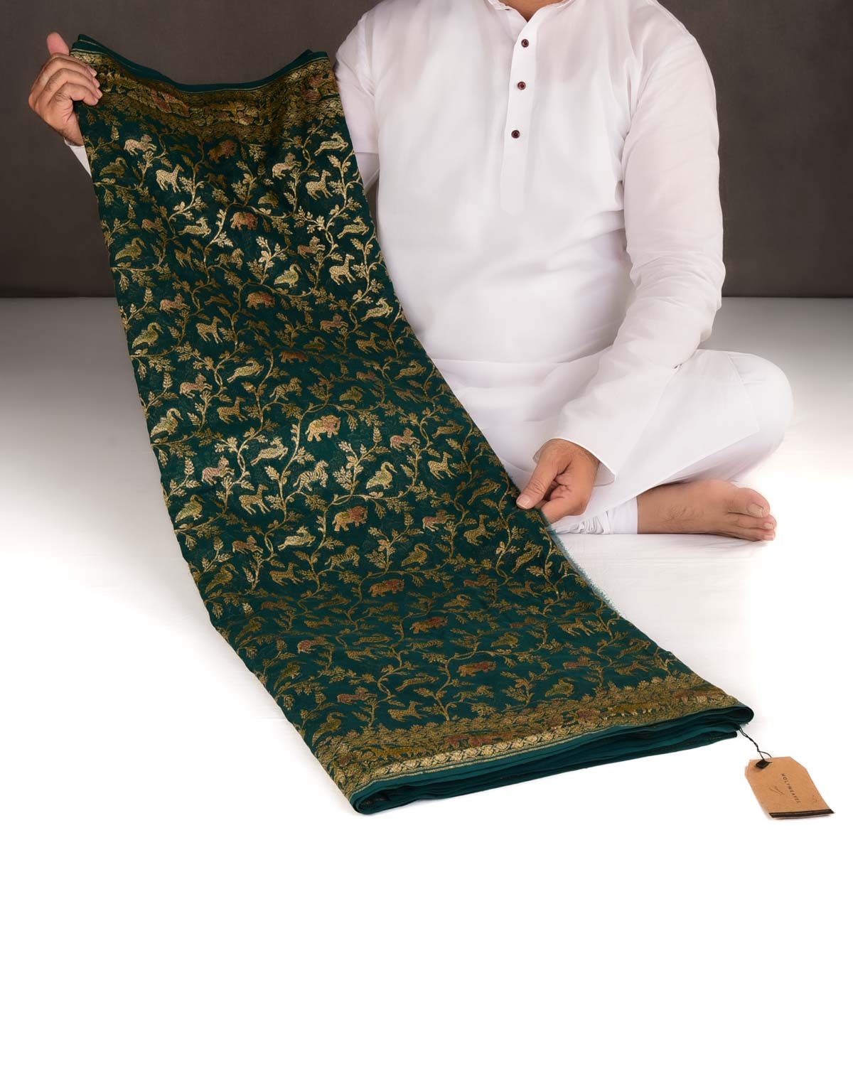 Sacramento Green Antique Zari Shikargah Hand Brush Dye Cutwork Brocade Handwoven Khaddi Georgette Banarasi Saree-HolyWeaves