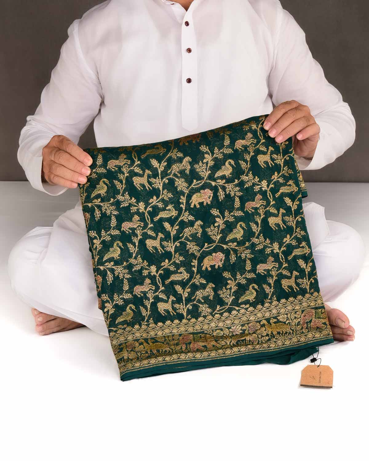 Sacramento Green Antique Zari Shikargah Hand Brush Dye Cutwork Brocade Handwoven Khaddi Georgette Banarasi Saree-HolyWeaves