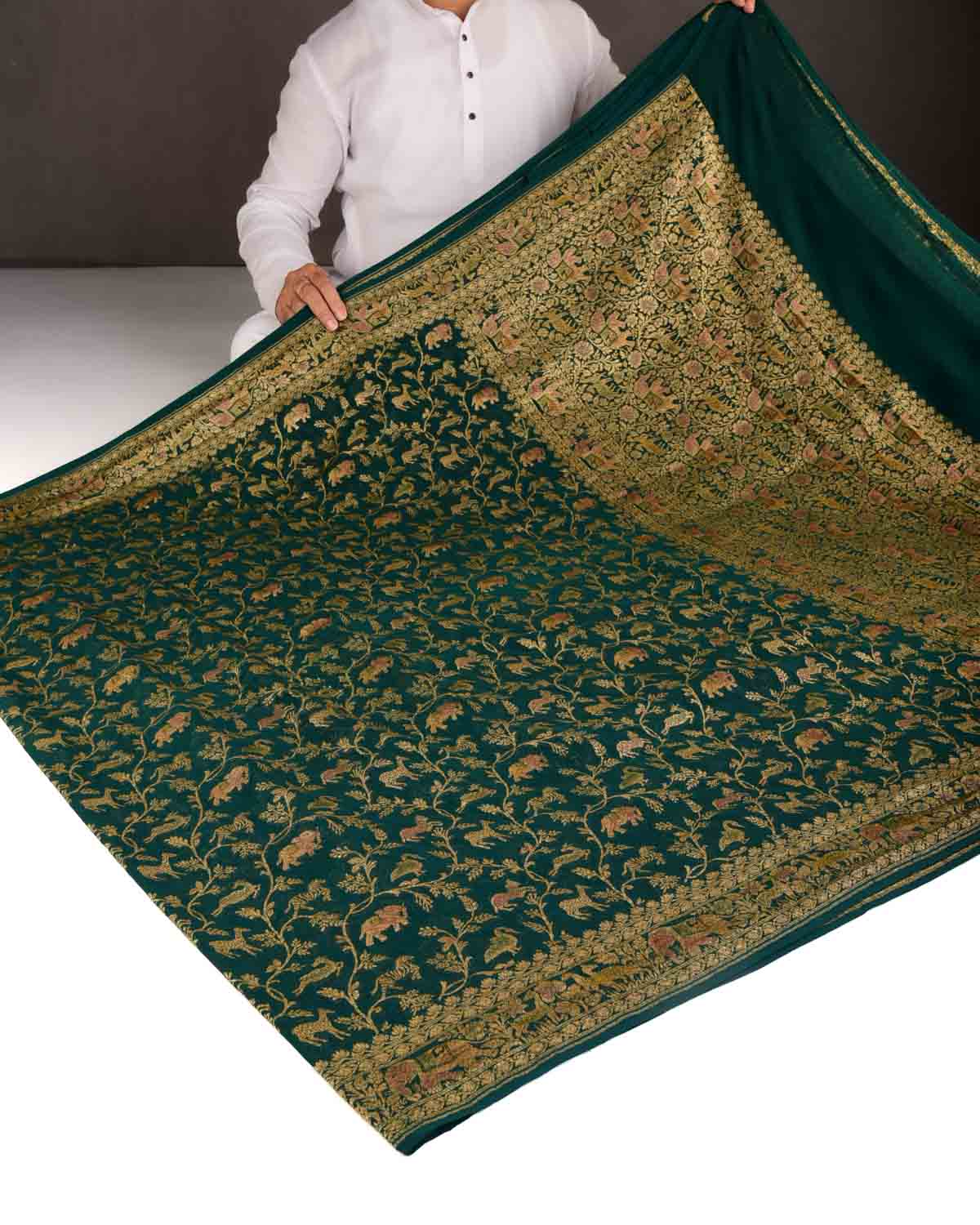Sacramento Green Antique Zari Shikargah Hand Brush Dye Cutwork Brocade Handwoven Khaddi Georgette Banarasi Saree-HolyWeaves