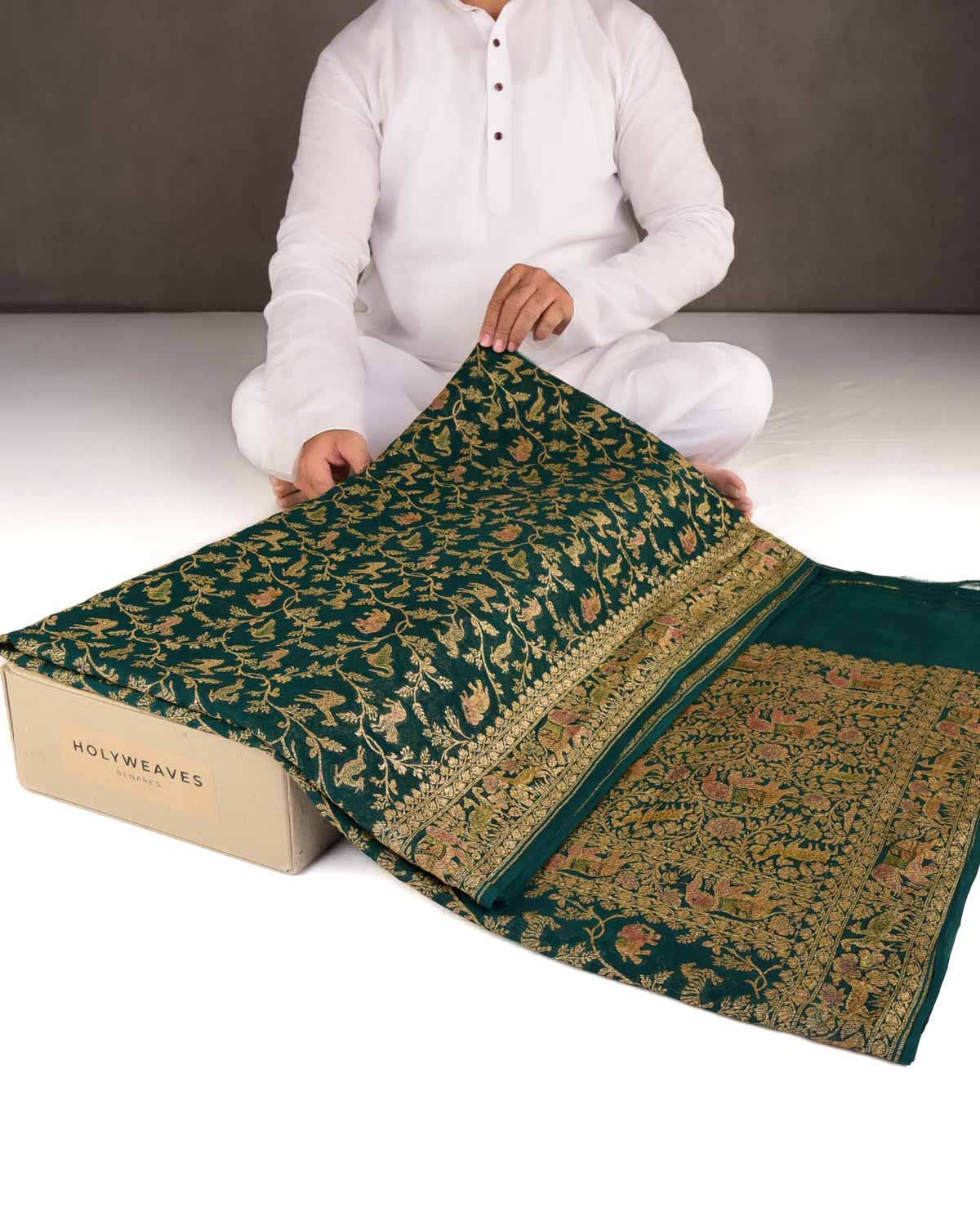 Sacramento Green Antique Zari Shikargah Hand Brush Dye Cutwork Brocade Handwoven Khaddi Georgette Banarasi Saree-HolyWeaves