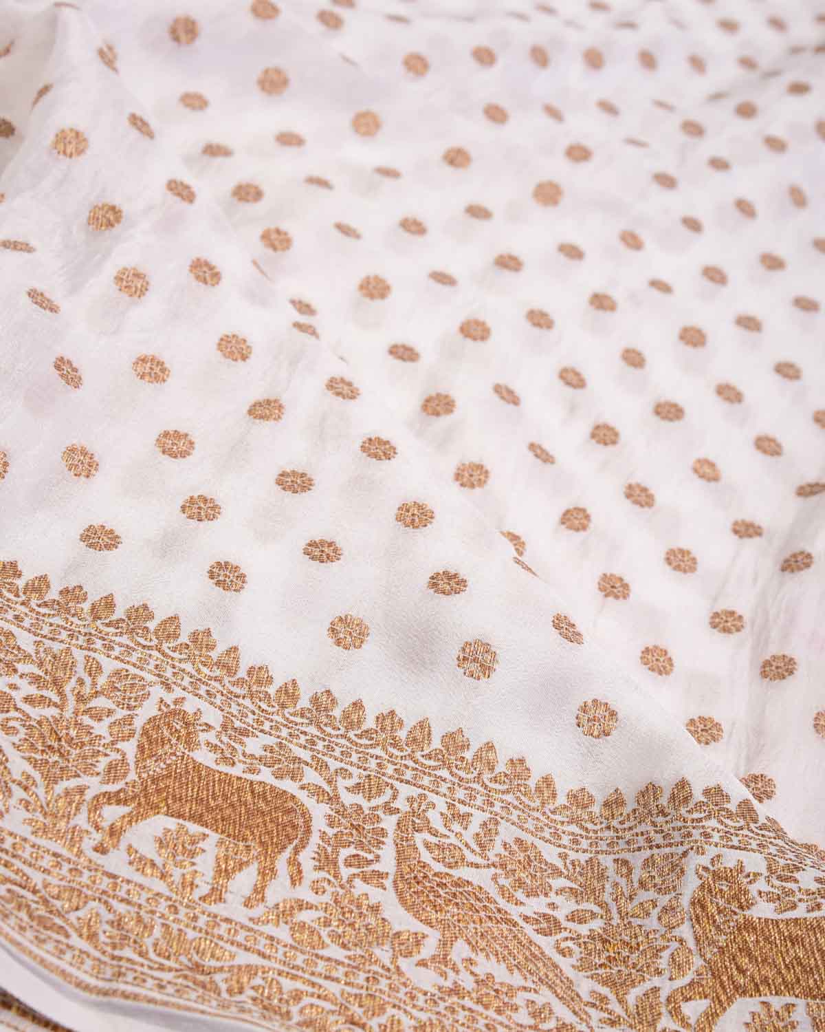 Ivory White Antique Zari Buti Cutwork Brocade Handwoven Crepe Georgette Banarasi Saree with Shikargah Pallu-HolyWeaves