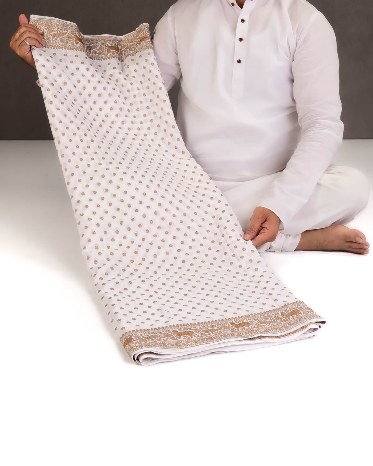 Ivory White Antique Zari Buti Cutwork Brocade Handwoven Crepe Georgette Banarasi Saree with Shikargah Pallu-HolyWeaves