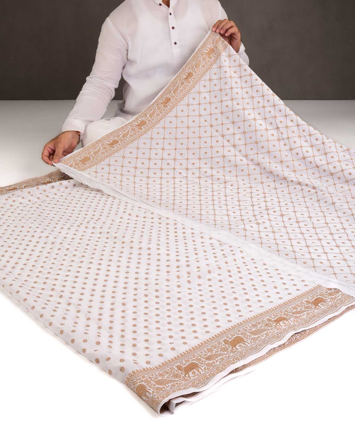 Ivory White Antique Zari Buti Cutwork Brocade Handwoven Crepe Georgette Banarasi Saree with Shikargah Pallu-HolyWeaves