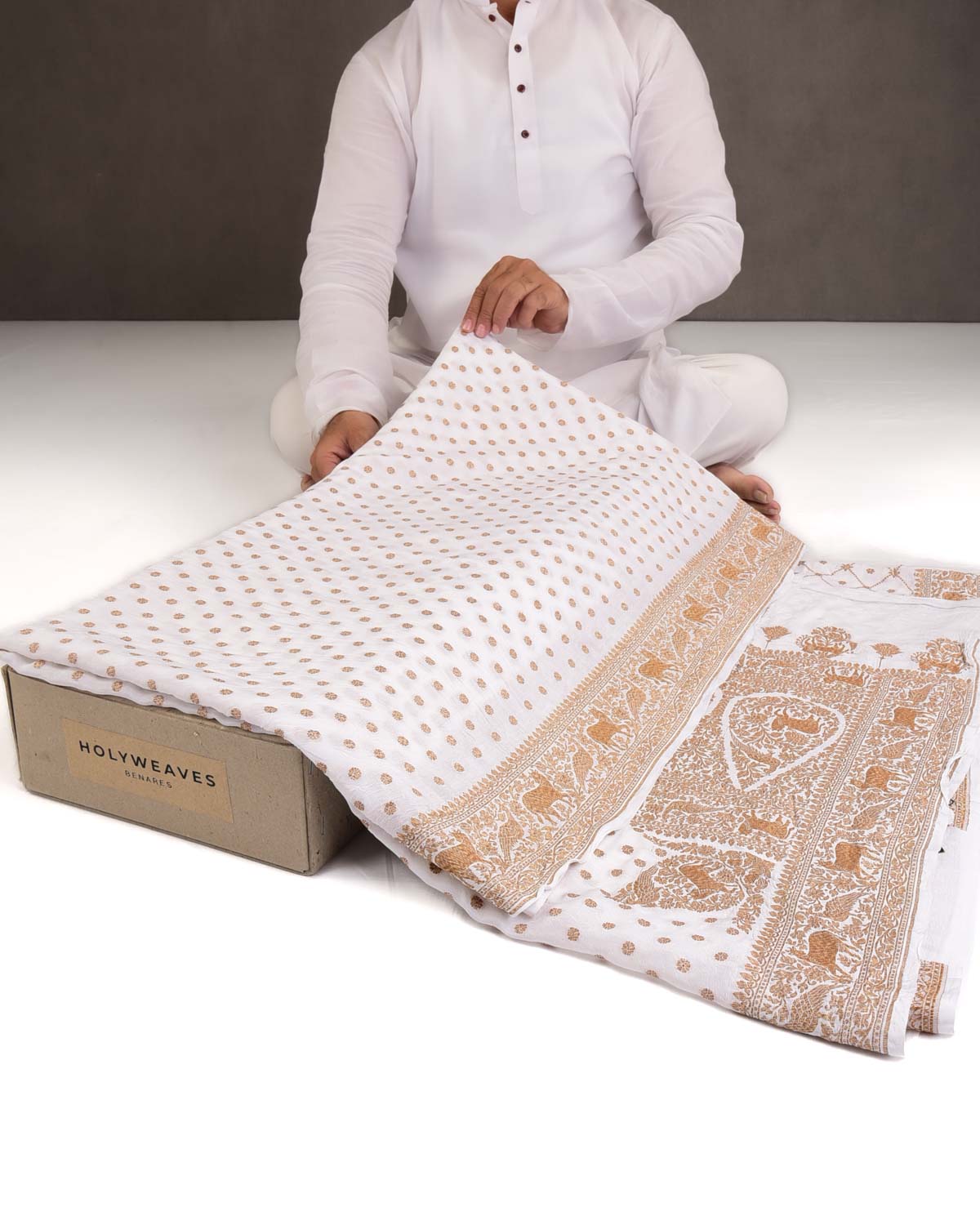 Ivory White Antique Zari Buti Cutwork Brocade Handwoven Crepe Georgette Banarasi Saree with Shikargah Pallu-HolyWeaves