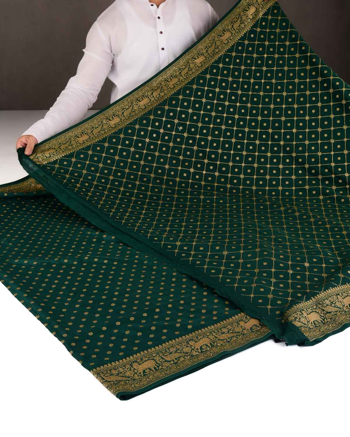 Midnight Green Antique Zari Buti Cutwork Brocade Handwoven Crepe Georgette Banarasi Saree with Shikargah Pallu-HolyWeaves