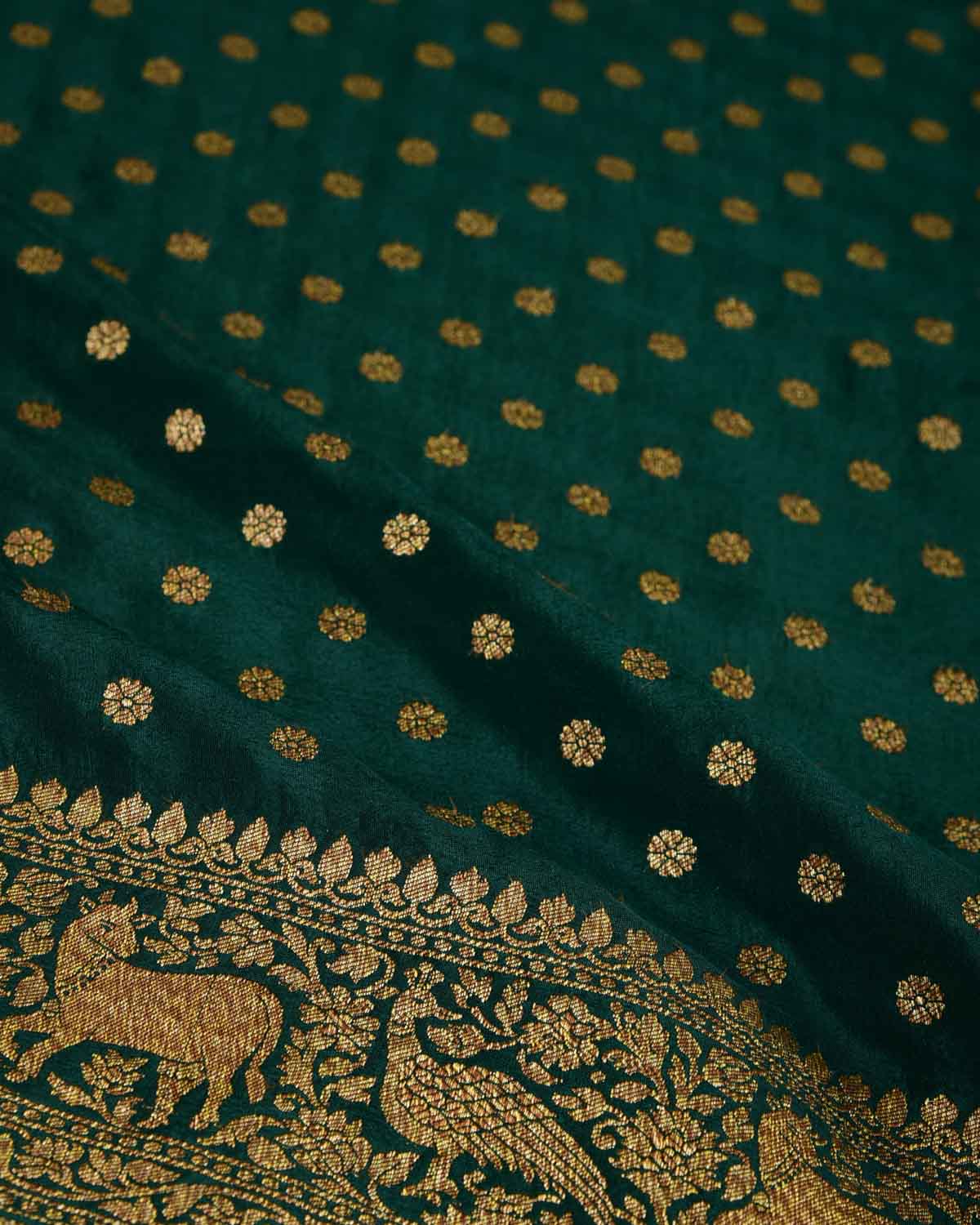 Midnight Green Antique Zari Buti Cutwork Brocade Handwoven Crepe Georgette Banarasi Saree with Shikargah Pallu-HolyWeaves