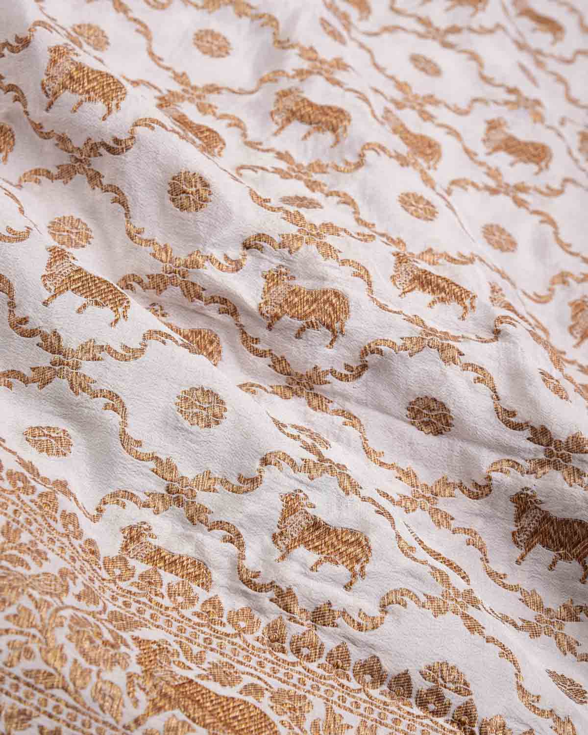 Ivory White Antique Zari Cow Jangla Cutwork Brocade Handwoven Crepe Georgette Banarasi Saree with Shikargah Pallu-HolyWeaves