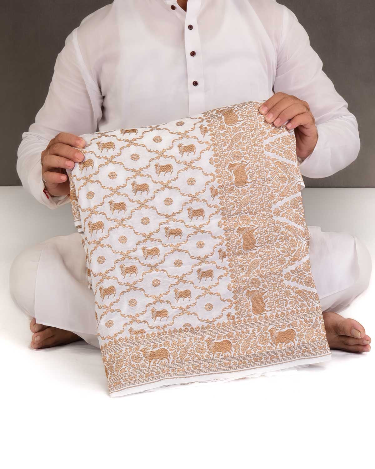 Ivory White Antique Zari Cow Jangla Cutwork Brocade Handwoven Crepe Georgette Banarasi Saree with Shikargah Pallu-HolyWeaves