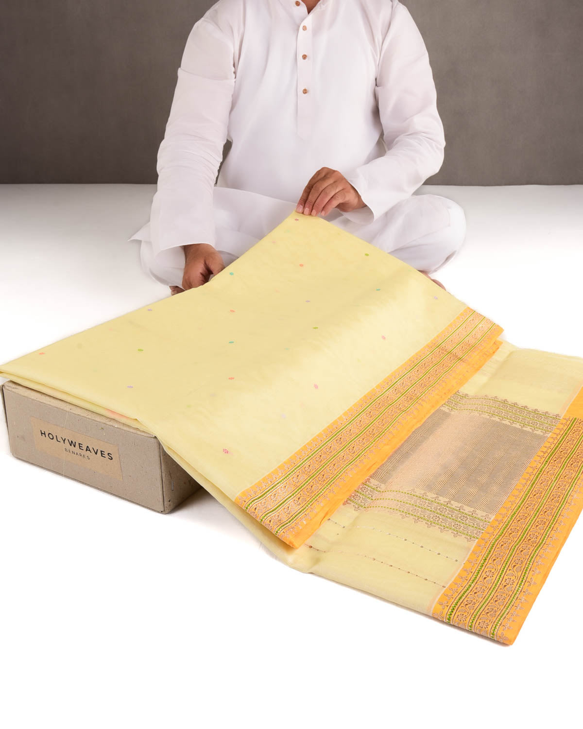 Yellow Gold & Silver Zari & Meenekari Kadhuan Brocade Handwoven Kora Silk Banarasi Saree-HolyWeaves
