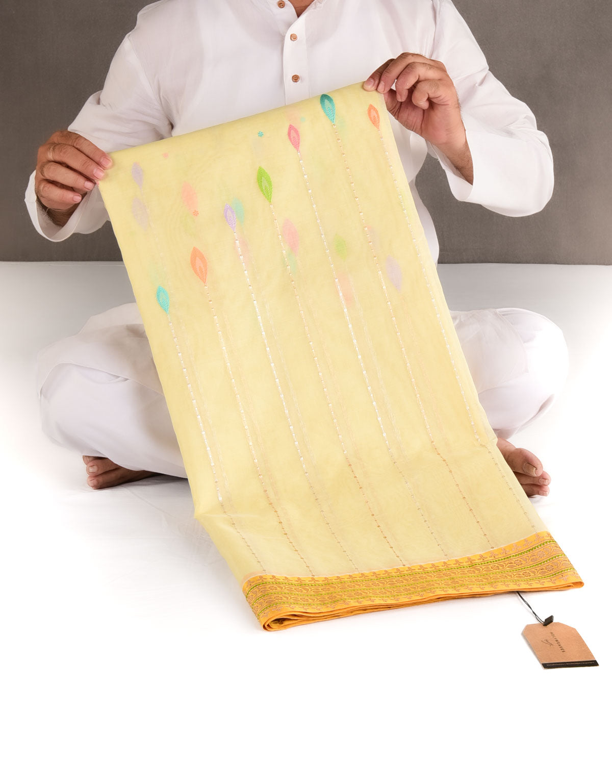 Yellow Gold & Silver Zari & Meenekari Kadhuan Brocade Handwoven Kora Silk Banarasi Saree-HolyWeaves
