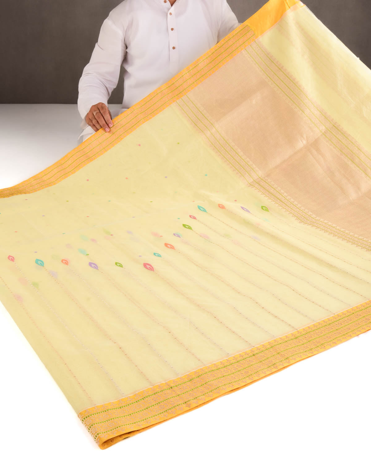 Yellow Gold & Silver Zari & Meenekari Kadhuan Brocade Handwoven Kora Silk Banarasi Saree-HolyWeaves
