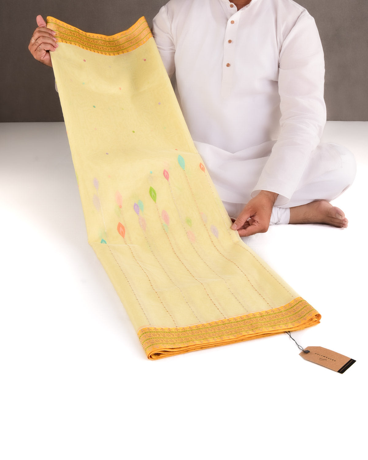 Yellow Gold & Silver Zari & Meenekari Kadhuan Brocade Handwoven Kora Silk Banarasi Saree-HolyWeaves