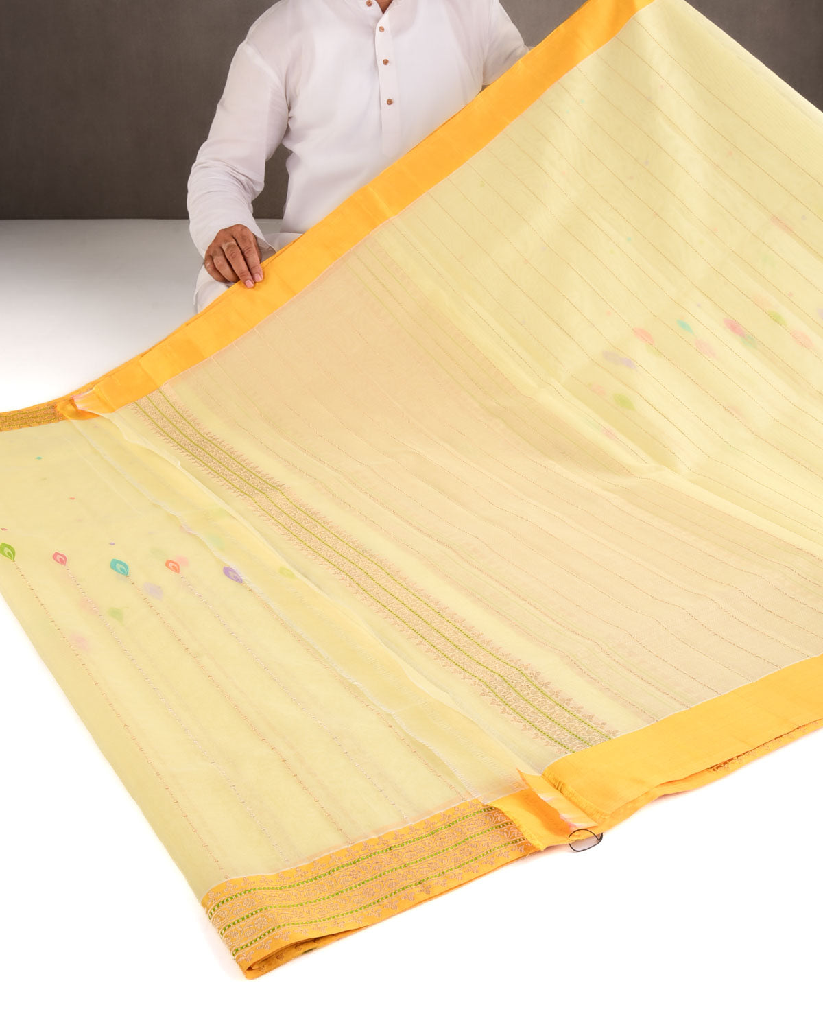 Yellow Gold & Silver Zari & Meenekari Kadhuan Brocade Handwoven Kora Silk Banarasi Saree-HolyWeaves