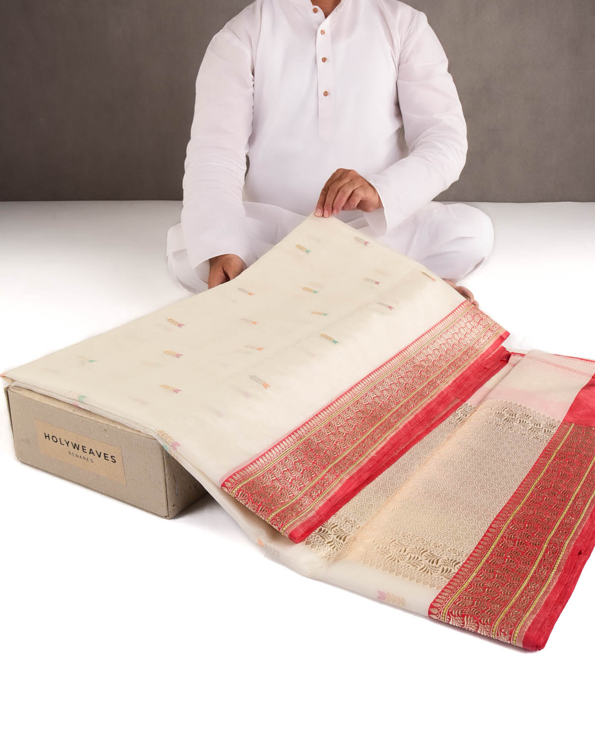 Ivory White Gold & Silver Zari & Meenekari Buti Kadhuan Brocade Handwoven Kora Silk Banarasi Saree-HolyWeaves