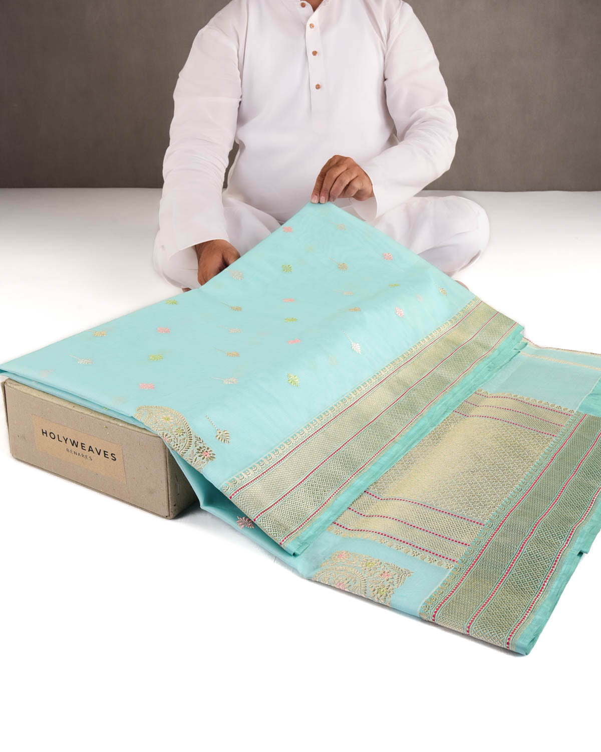 Powder Blue Gold & Silver Zari & Meenekari Buti Kadhuan Brocade Handwoven Kora Silk Banarasi Saree with Koniya Buta-HolyWeaves