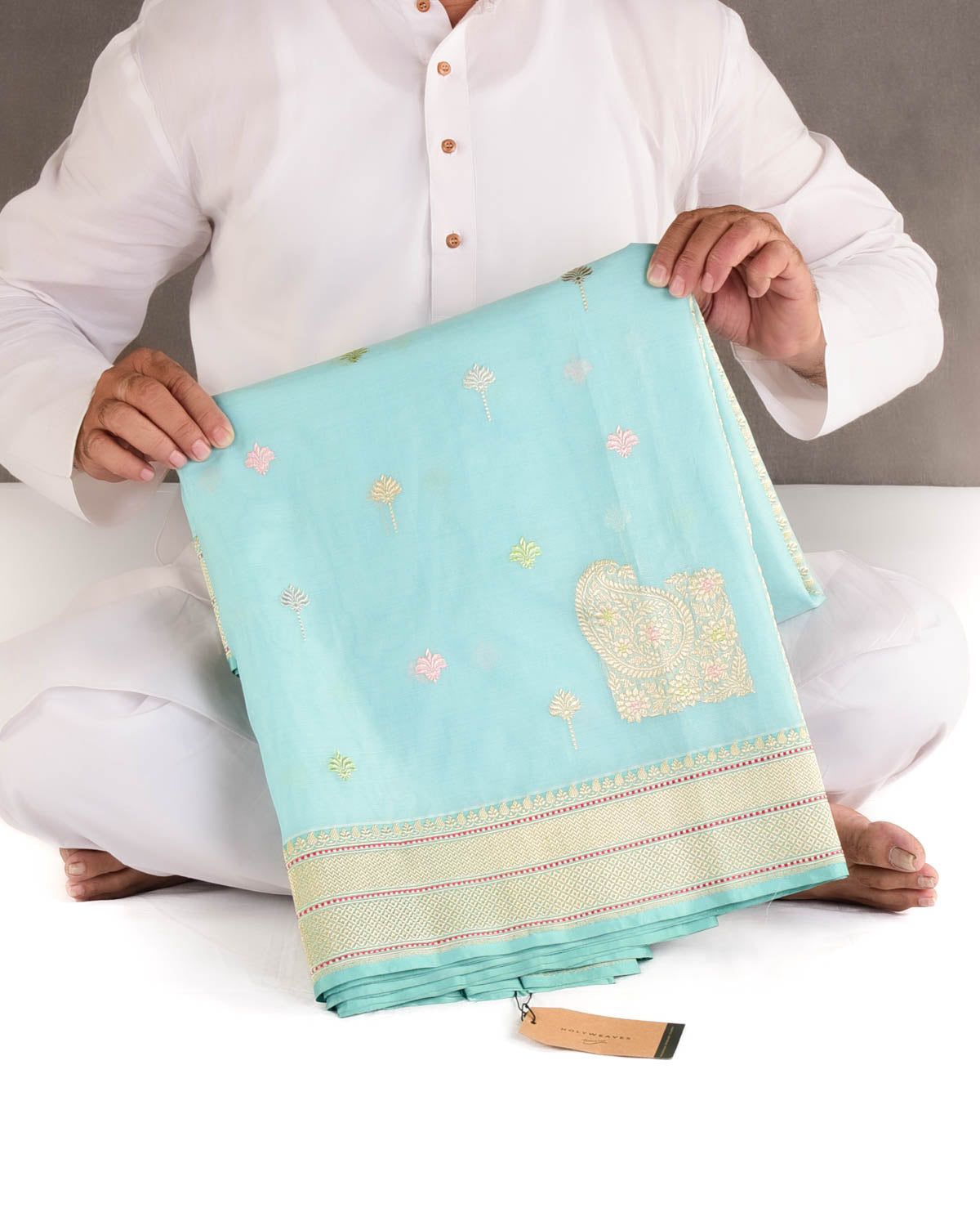 Powder Blue Gold & Silver Zari & Meenekari Buti Kadhuan Brocade Handwoven Kora Silk Banarasi Saree with Koniya Buta-HolyWeaves