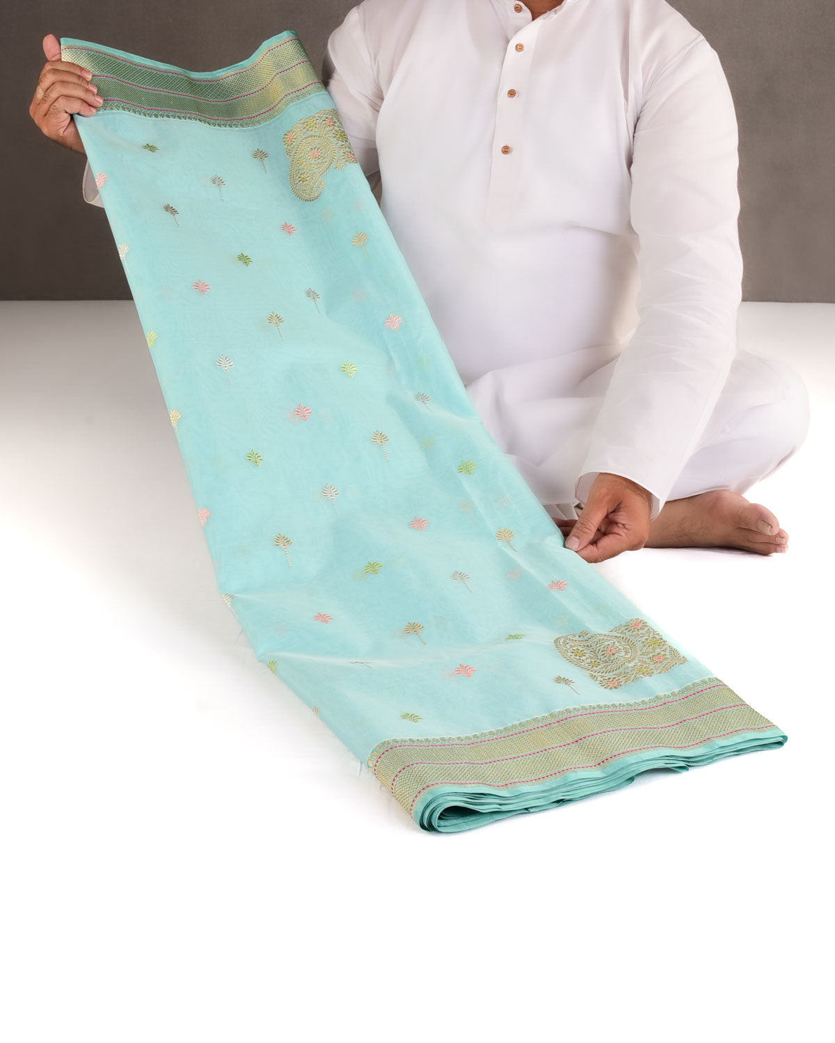 Powder Blue Gold & Silver Zari & Meenekari Buti Kadhuan Brocade Handwoven Kora Silk Banarasi Saree with Koniya Buta-HolyWeaves