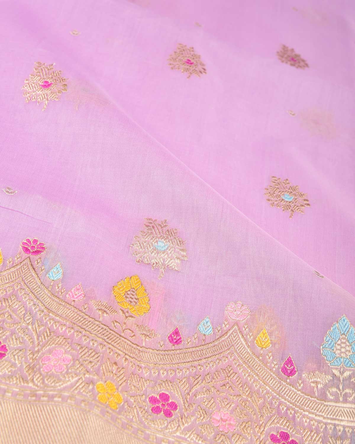 Mauve Gold Zari And Meena Buti Kadhuan Brocade Handwoven Kora Banarasi Saree-HolyWeaves