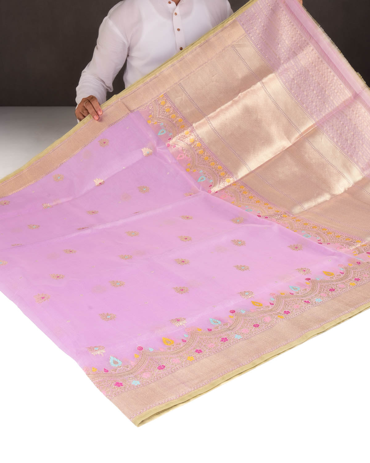 Mauve Gold Zari And Meena Buti Kadhuan Brocade Handwoven Kora Banarasi Saree-HolyWeaves