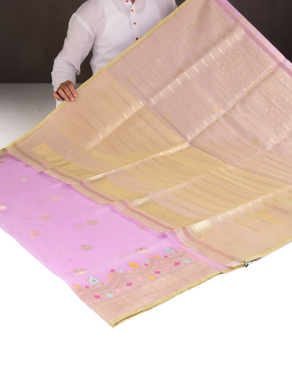 Mauve Gold Zari And Meena Buti Kadhuan Brocade Handwoven Kora Banarasi Saree-HolyWeaves