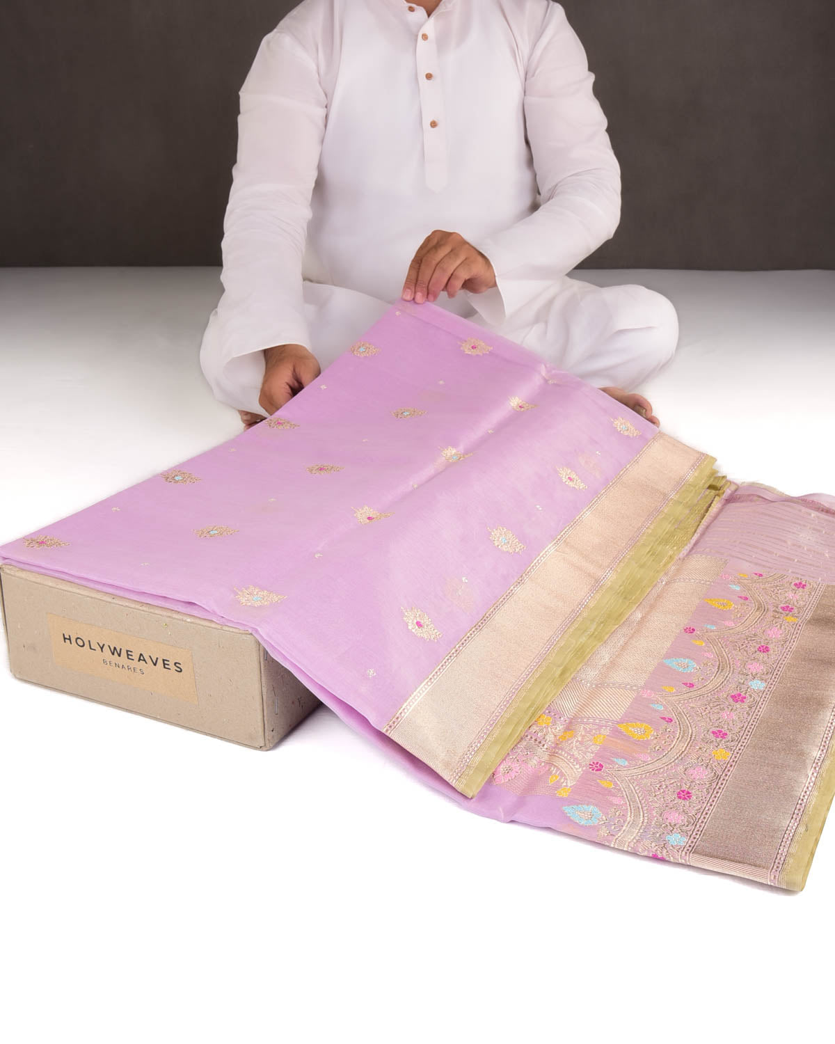 Mauve Gold Zari And Meena Buti Kadhuan Brocade Handwoven Kora Banarasi Saree-HolyWeaves