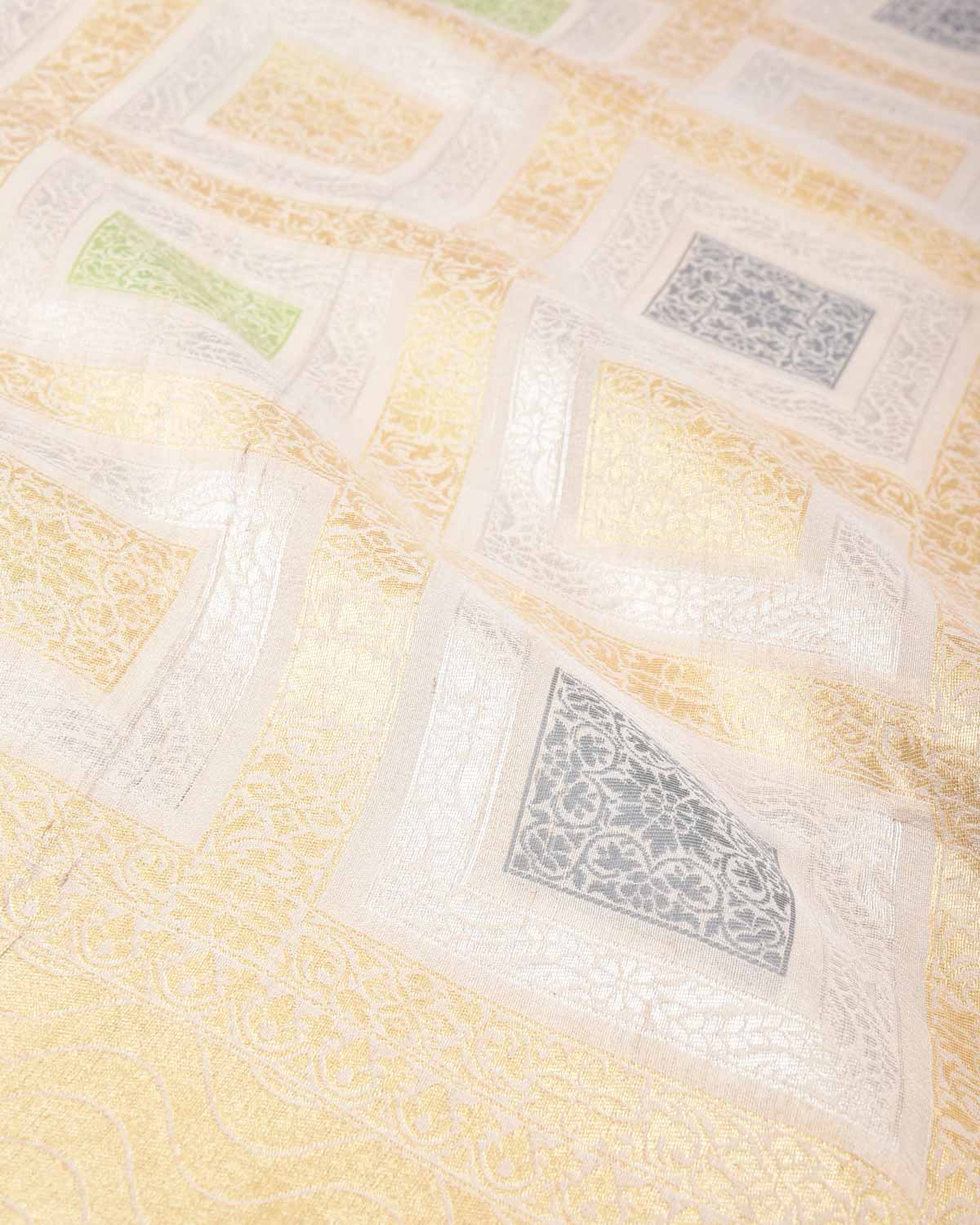 Beige Gold & Silver Zari Gharchola Cutwork Brocade Handwoven Tasar Georgette Banarasi Saree-HolyWeaves