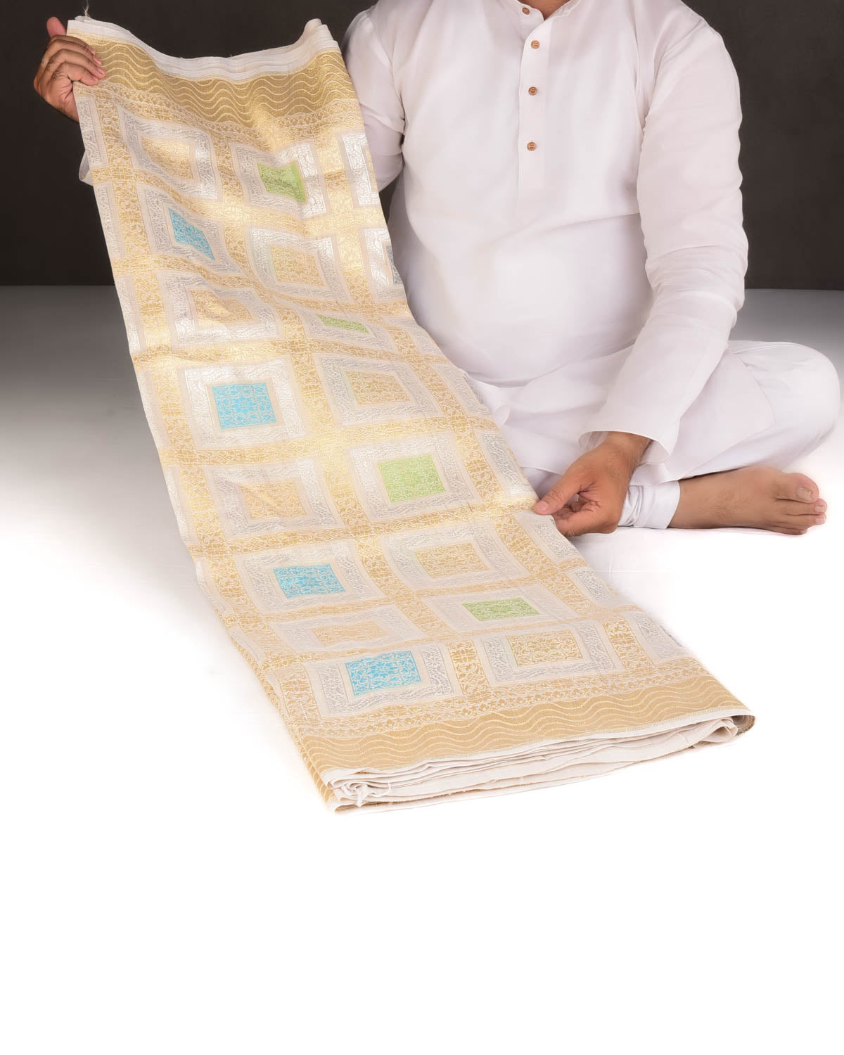 Beige Gold & Silver Zari Gharchola Cutwork Brocade Handwoven Tasar Georgette Banarasi Saree-HolyWeaves