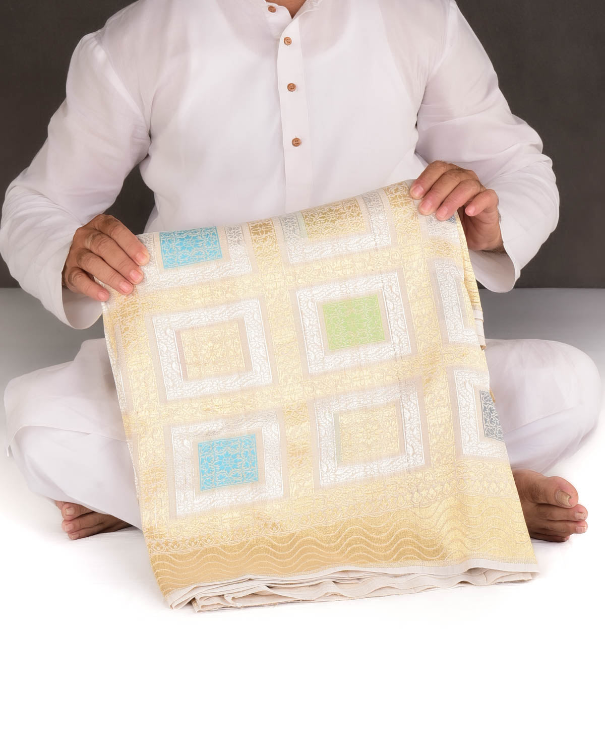 Beige Gold & Silver Zari Gharchola Cutwork Brocade Handwoven Tasar Georgette Banarasi Saree-HolyWeaves