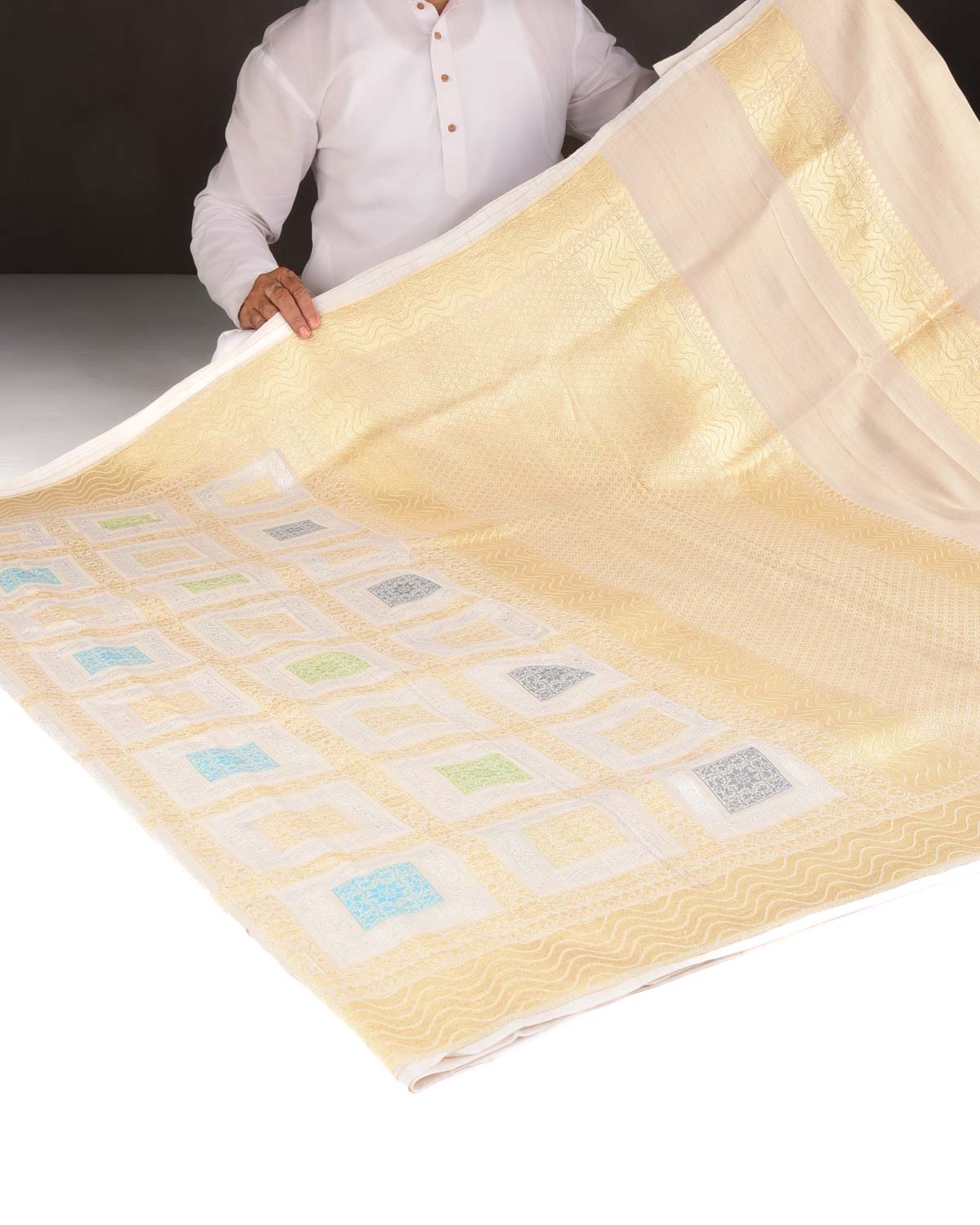 Beige Gold & Silver Zari Gharchola Cutwork Brocade Handwoven Tasar Georgette Banarasi Saree-HolyWeaves