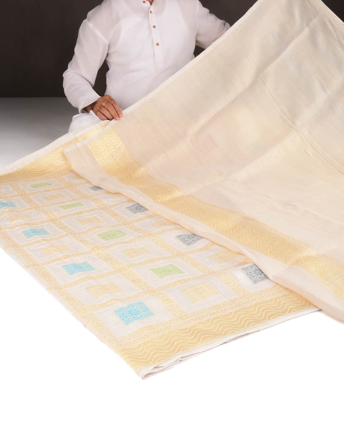 Beige Gold & Silver Zari Gharchola Cutwork Brocade Handwoven Tasar Georgette Banarasi Saree-HolyWeaves
