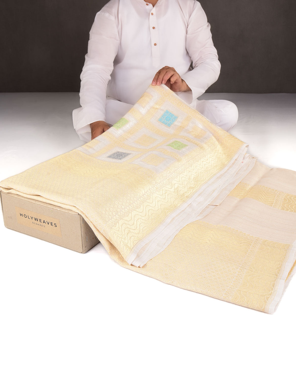 Beige Gold & Silver Zari Gharchola Cutwork Brocade Handwoven Tasar Georgette Banarasi Saree-HolyWeaves