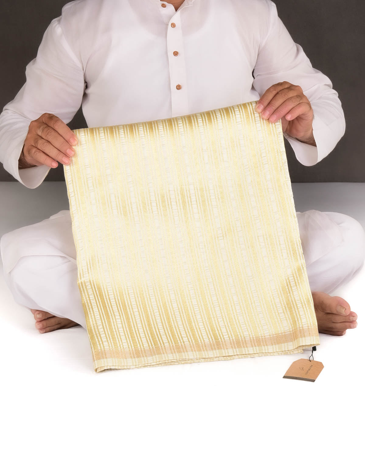 Ivory White Gold Zari Stripes Brocade Woven Spun Silk Banarasi Saree with Soft Crush-HolyWeaves