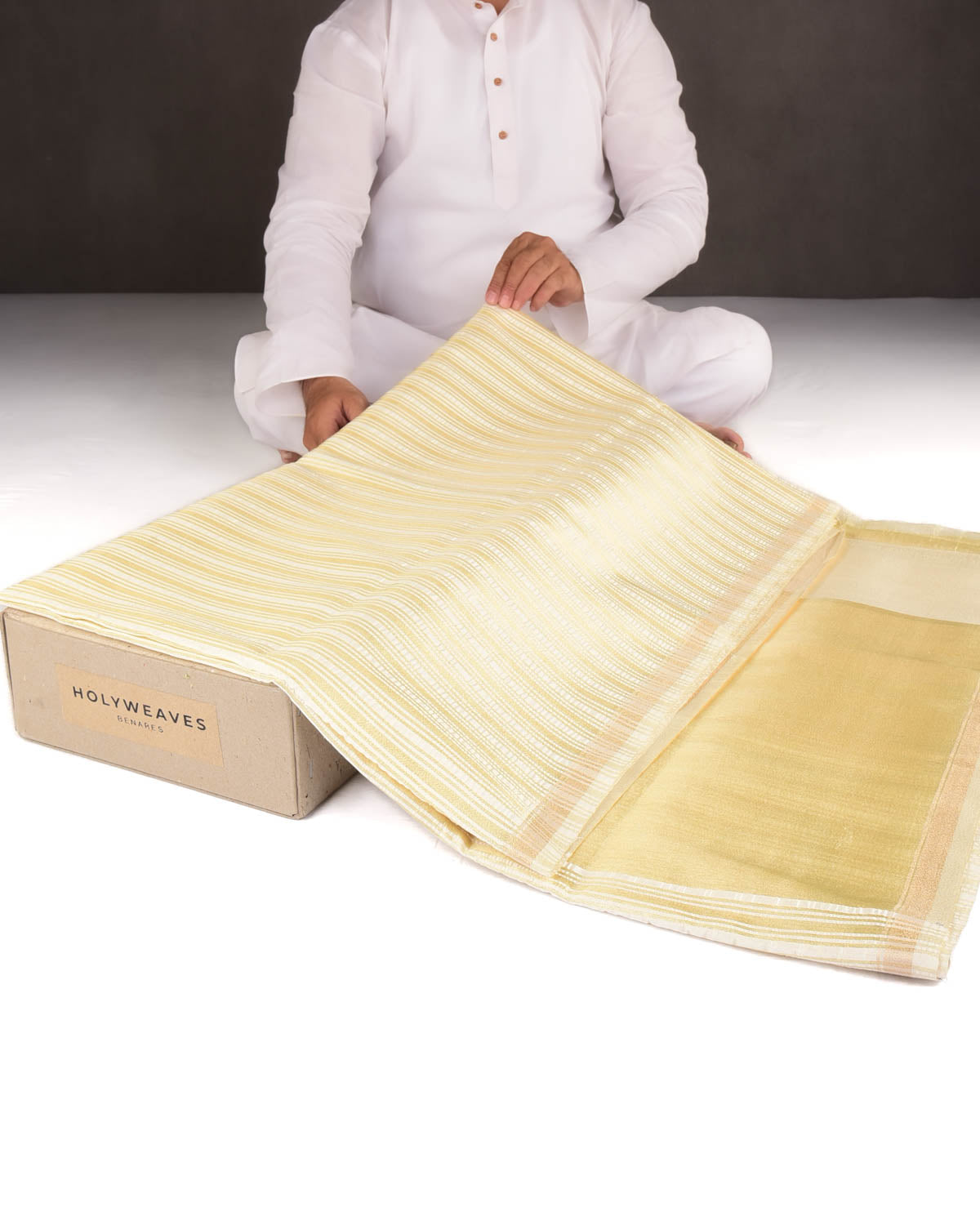 Ivory White Gold Zari Stripes Brocade Woven Spun Silk Banarasi Saree with Soft Crush-HolyWeaves