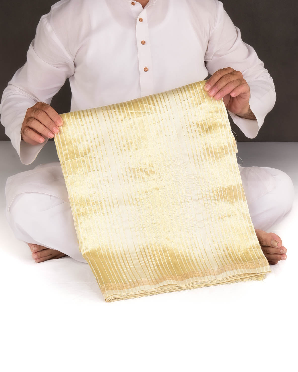Cream Gold Zari Stripes Brocade Woven Spun Silk Banarasi Saree-HolyWeaves