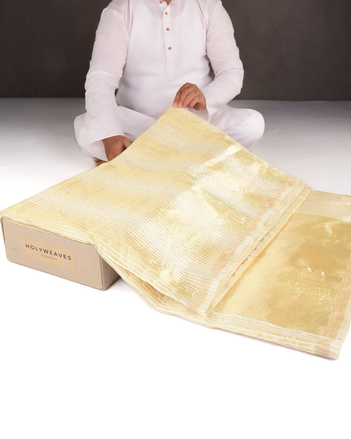 Cream Gold Zari Stripes Brocade Woven Spun Silk Banarasi Saree-HolyWeaves