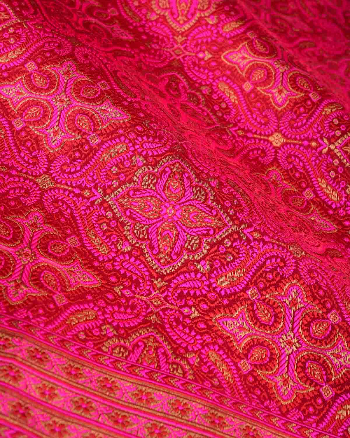 Red-Pink Tehri Parora Jamawar Tanchoi Handwoven Katan Silk Banarasi Saree with Gold Zari-HolyWeaves