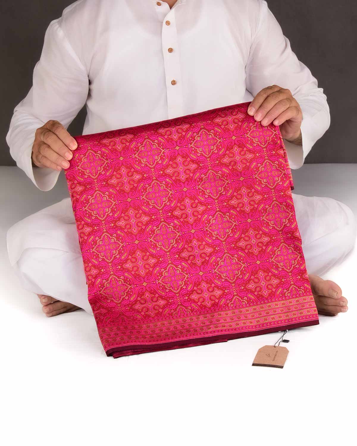 Red-Pink Tehri Parora Jamawar Tanchoi Handwoven Katan Silk Banarasi Saree with Gold Zari-HolyWeaves