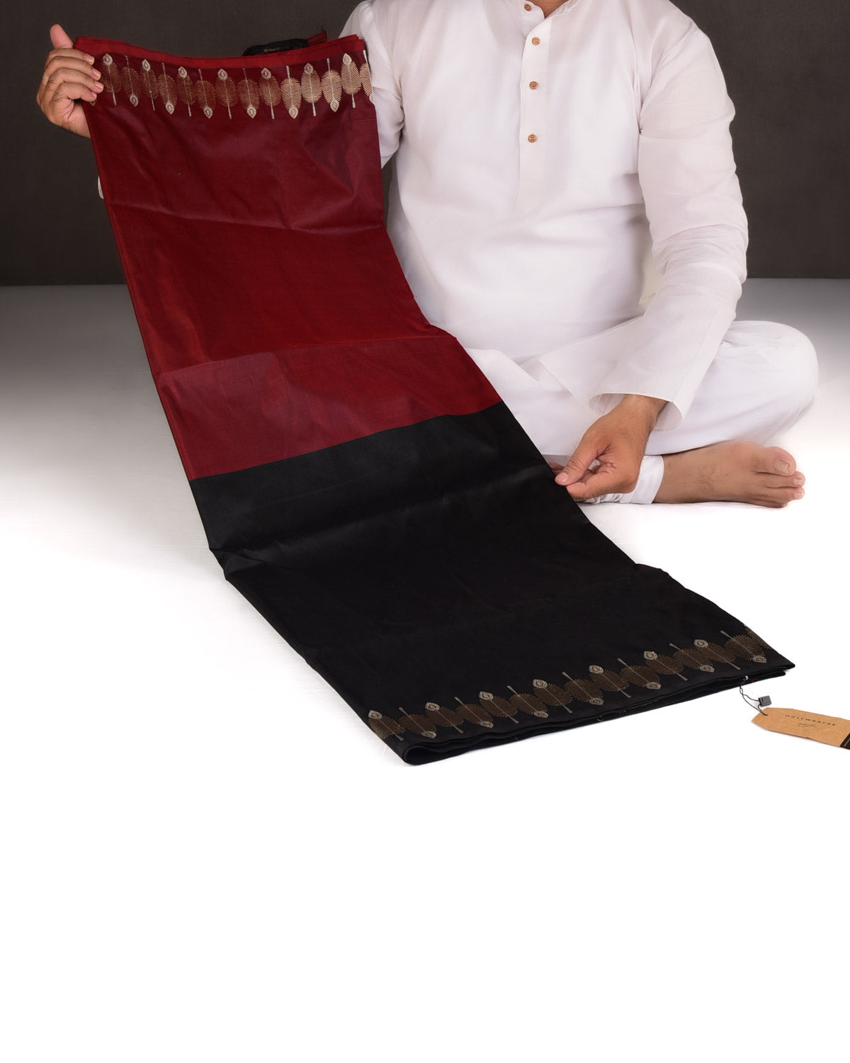 Maroon Black Gold & Silver Zari Feathers Split-Tone Kadhuan Brocade Handwoven Katan Silk Banarasi Saree-HolyWeaves