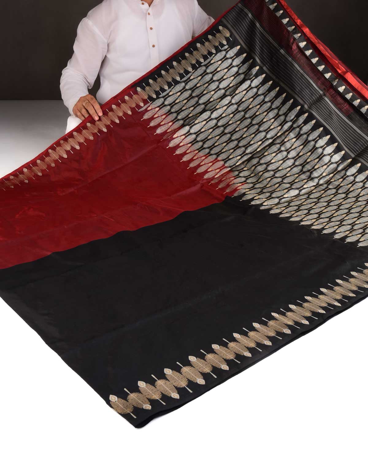 Maroon Black Gold & Silver Zari Feathers Split-Tone Kadhuan Brocade Handwoven Katan Silk Banarasi Saree-HolyWeaves