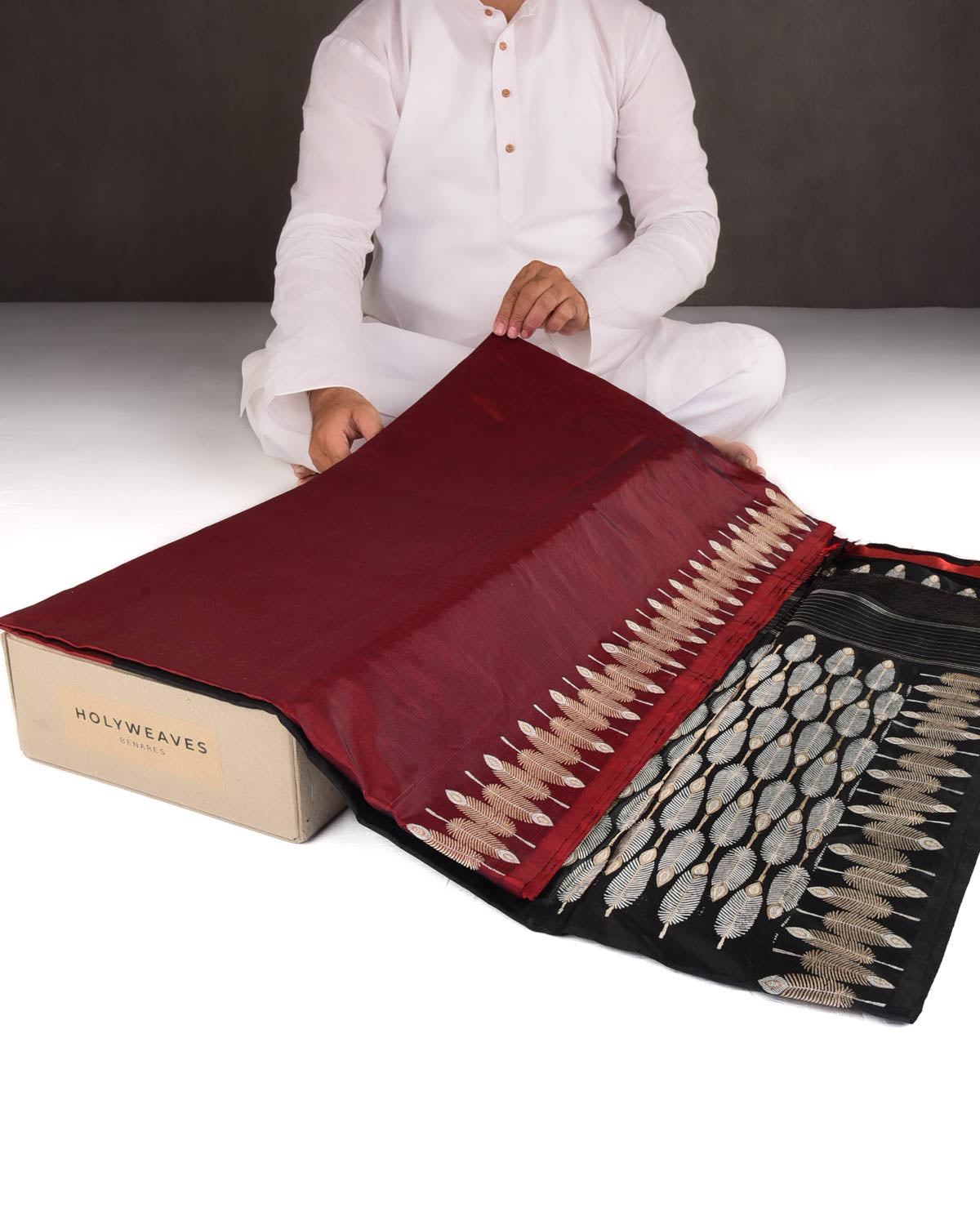 Maroon Black Gold & Silver Zari Feathers Split-Tone Kadhuan Brocade Handwoven Katan Silk Banarasi Saree-HolyWeaves