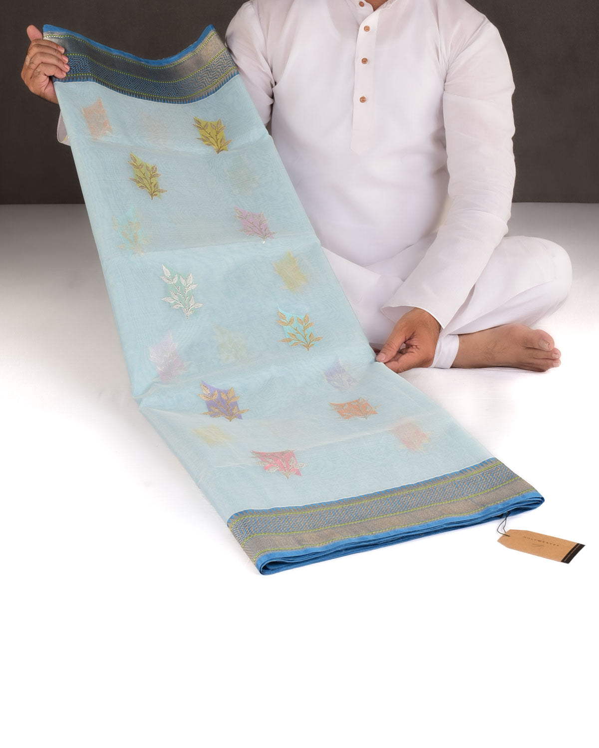 Powder Blue Gold & Silver Zari Islands Kadhuan Brocade Handwoven Kora Silk Banarasi Saree-HolyWeaves