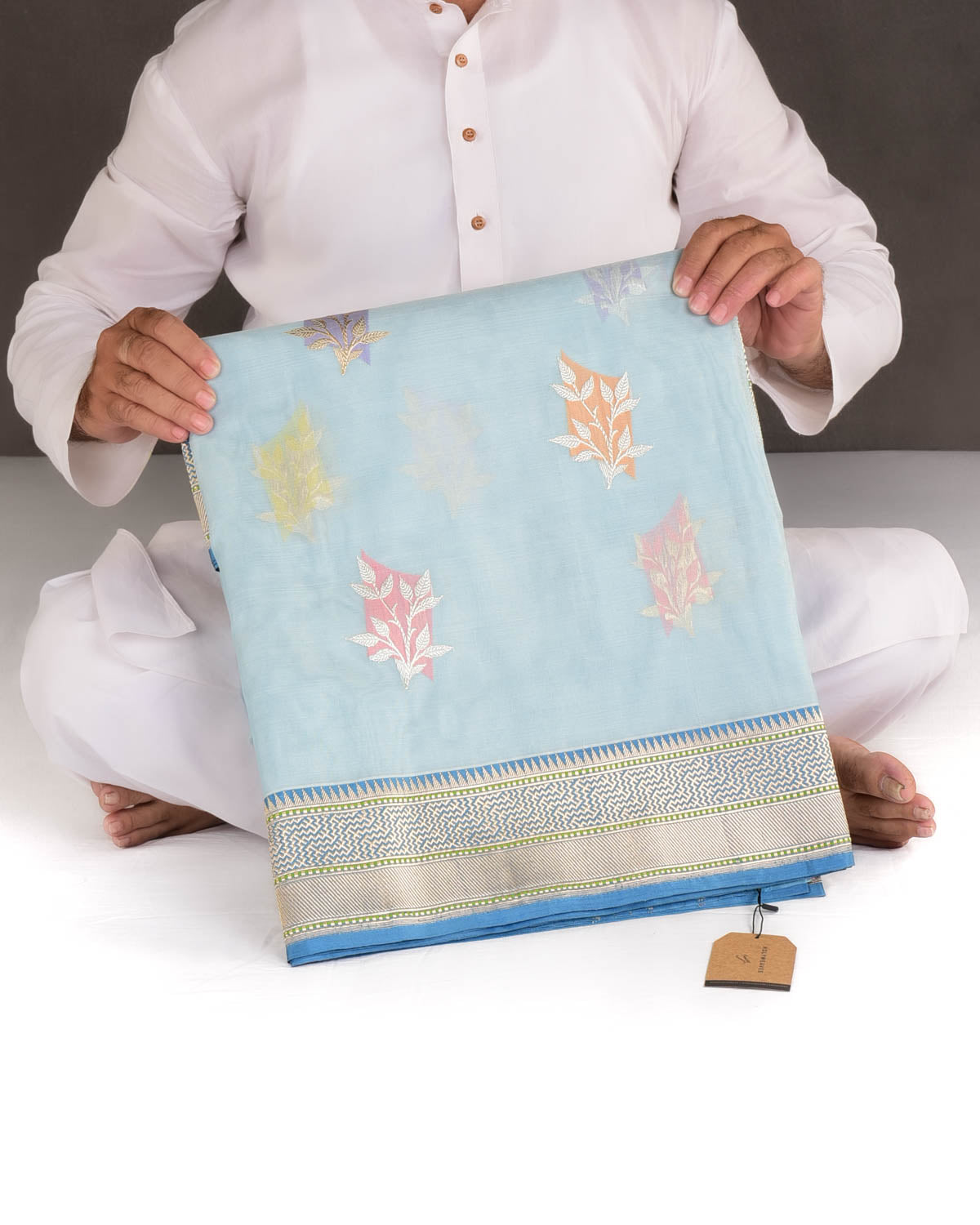 Powder Blue Gold & Silver Zari Islands Kadhuan Brocade Handwoven Kora Silk Banarasi Saree-HolyWeaves