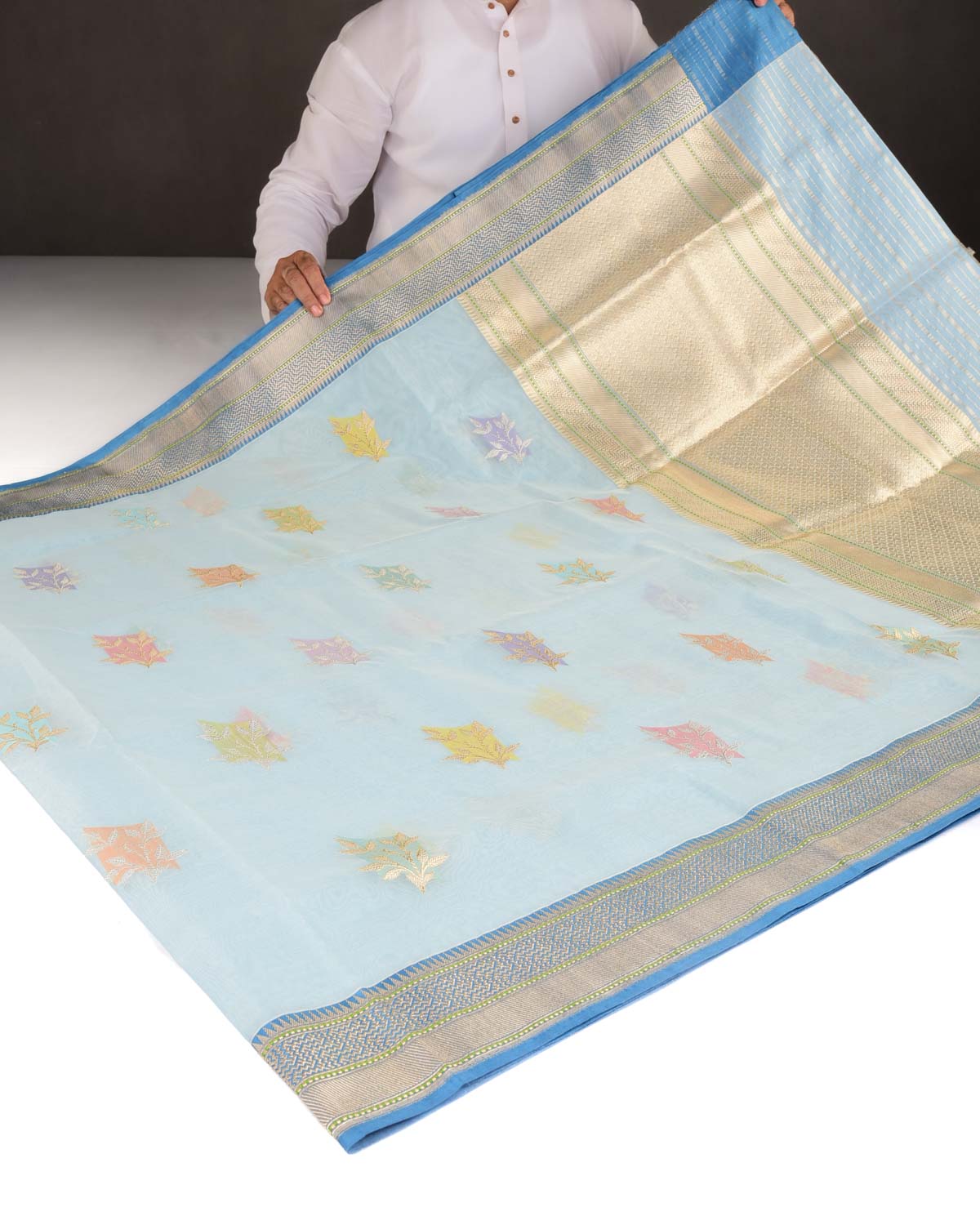 Powder Blue Gold & Silver Zari Islands Kadhuan Brocade Handwoven Kora Silk Banarasi Saree-HolyWeaves