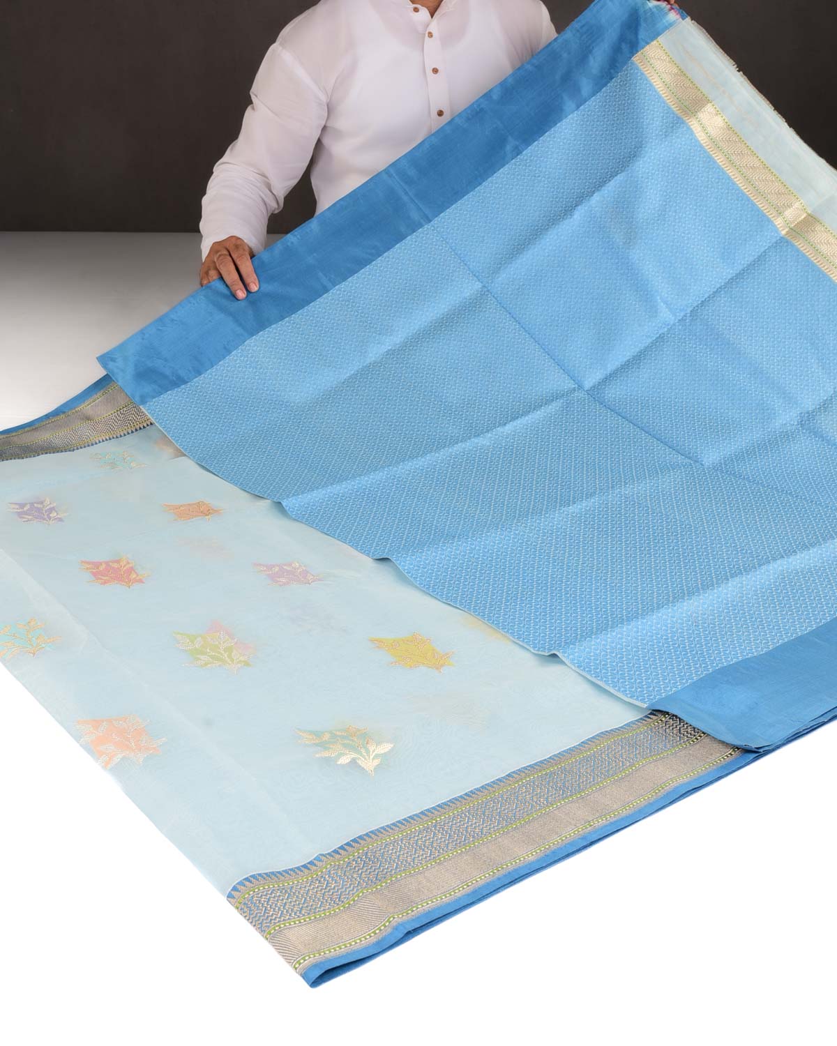 Powder Blue Gold & Silver Zari Islands Kadhuan Brocade Handwoven Kora Silk Banarasi Saree-HolyWeaves