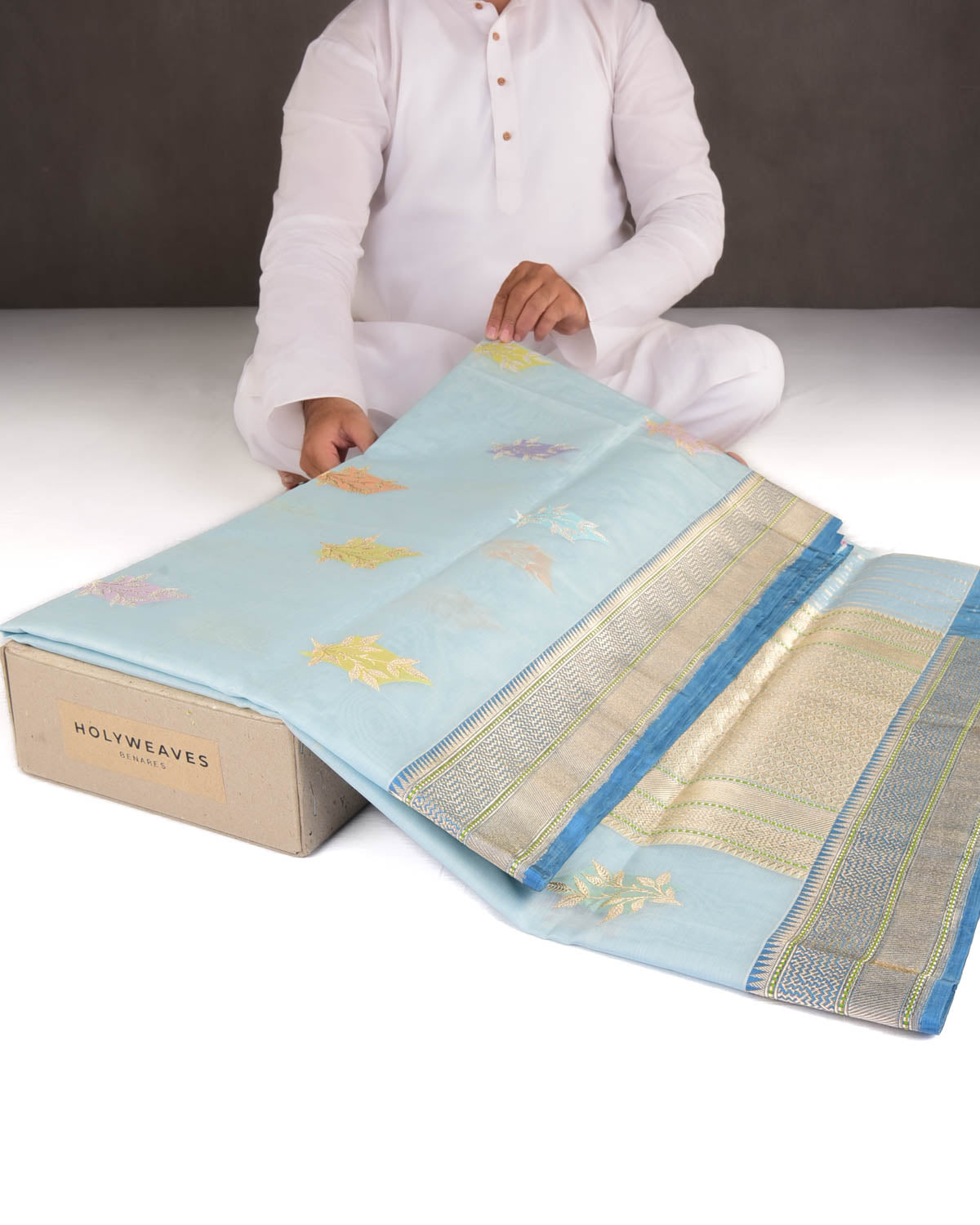 Powder Blue Gold & Silver Zari Islands Kadhuan Brocade Handwoven Kora Silk Banarasi Saree-HolyWeaves