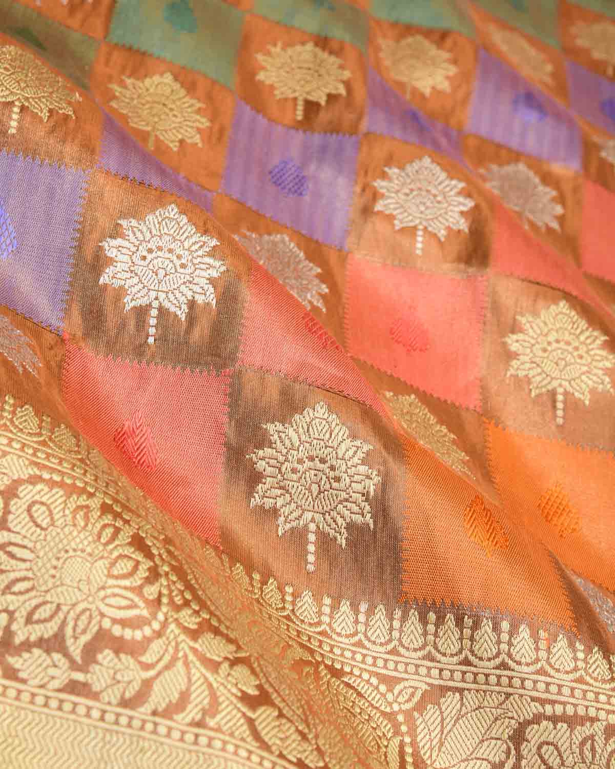 Metallic Brown Chequered Butis Kadhuan Brocade Handwoven Katan Tissue Banarasi Saree-HolyWeaves