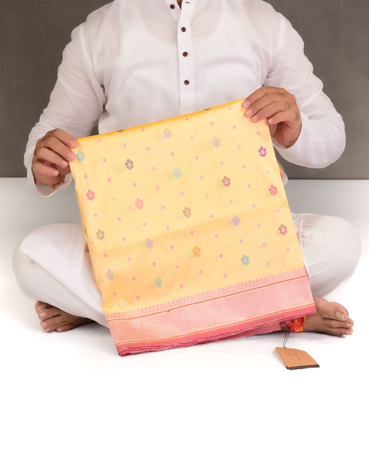 Yellow Multi Color Resham and Pink Zari Bachcha Buti Kadhuan Brocade Handwoven Katan Silk Banarasi Saree-HolyWeaves