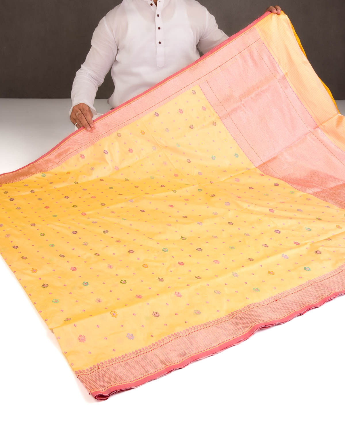 Yellow Multi Color Resham and Pink Zari Bachcha Buti Kadhuan Brocade Handwoven Katan Silk Banarasi Saree-HolyWeaves