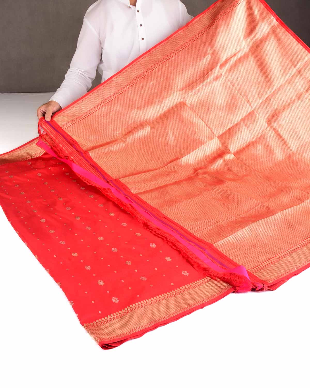 Bridal Red Gold & Silver Zari Bachcha Buti Kadhuan Brocade Handwoven Katan Silk Banarasi Saree-HolyWeaves