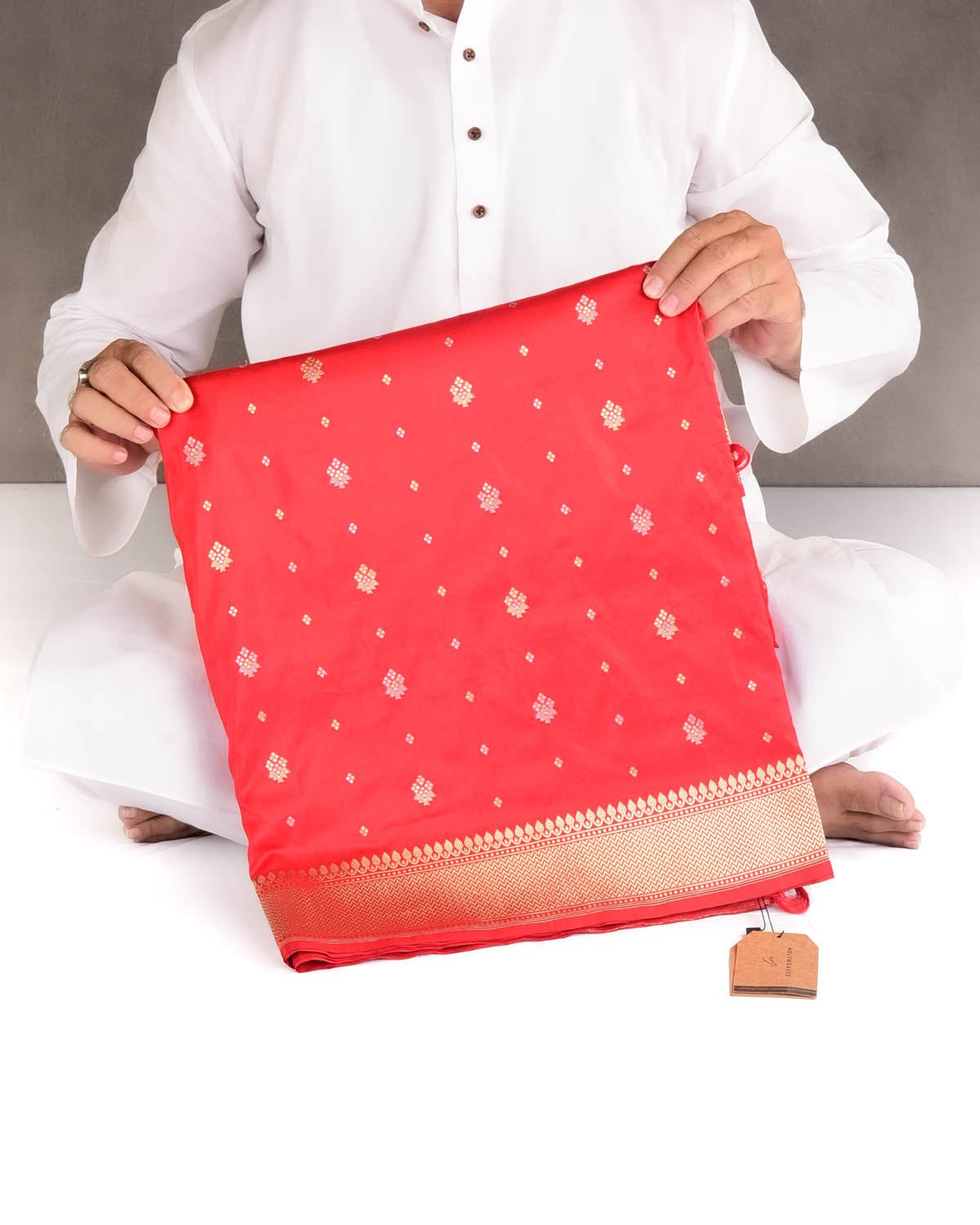 Bridal Red Gold & Silver Zari Bachcha Buti Kadhuan Brocade Handwoven Katan Silk Banarasi Saree-HolyWeaves
